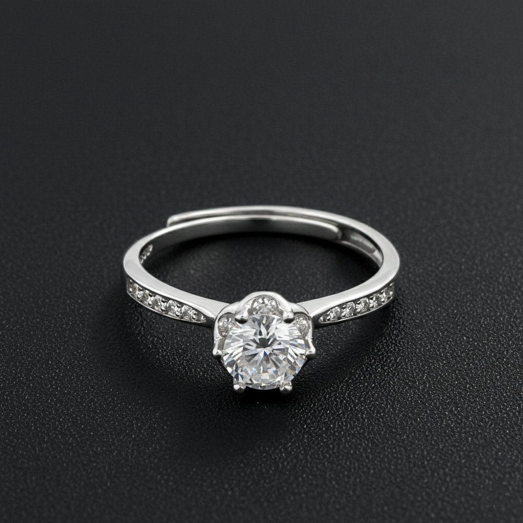 925 Sterling Silver Round Cut Cubic Zirconia Engagement Ring, Classic Solitaire with Crystal Accented Band, 925 Silver Wedding Ring | BJLR-0008