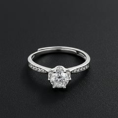 925 Sterling Silver Round Cut Cubic Zirconia Engagement Ring, Classic Solitaire with Crystal Accented Band, 925 Silver Wedding Ring | BJLR-0008