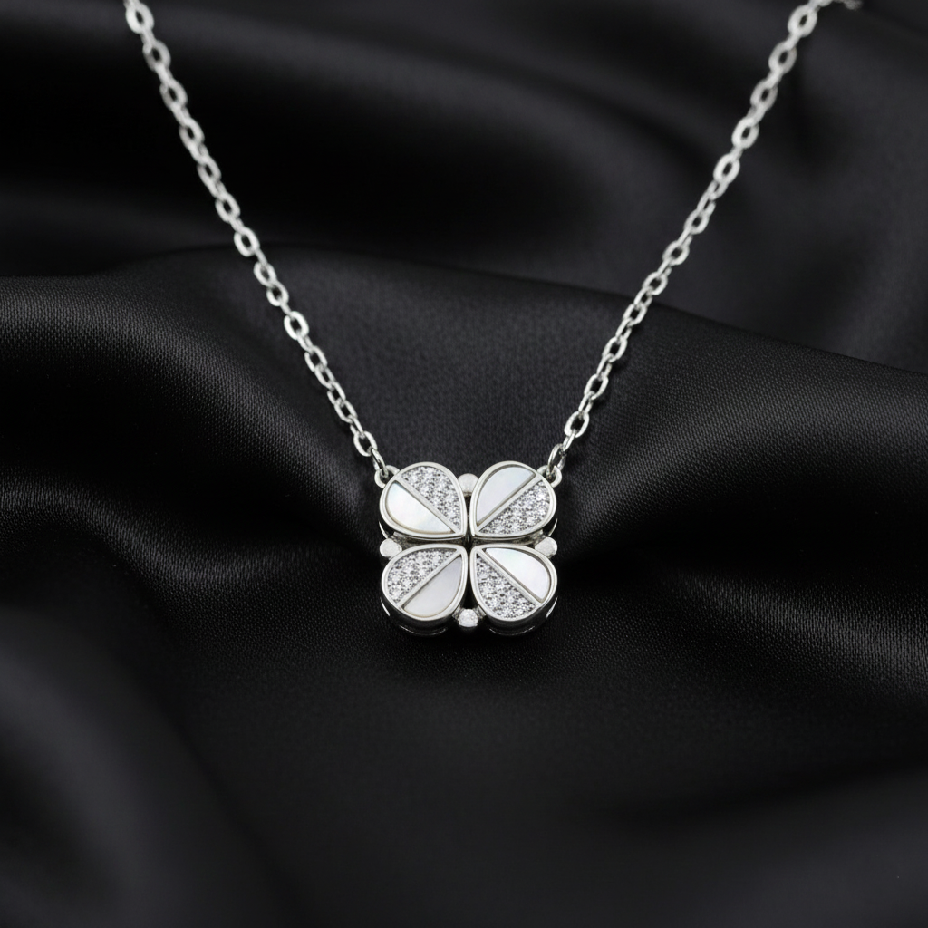 925 Sterling Silver Four-Leaf Clover Necklace, Crystal Rhinestone Pendant, Chain Link Design, Elegant Jewelry | BJ-029
