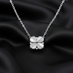 925 Sterling Silver Four-Leaf Clover Necklace, Crystal Rhinestone Pendant, Chain Link Design, Elegant Jewelry | BJ-029