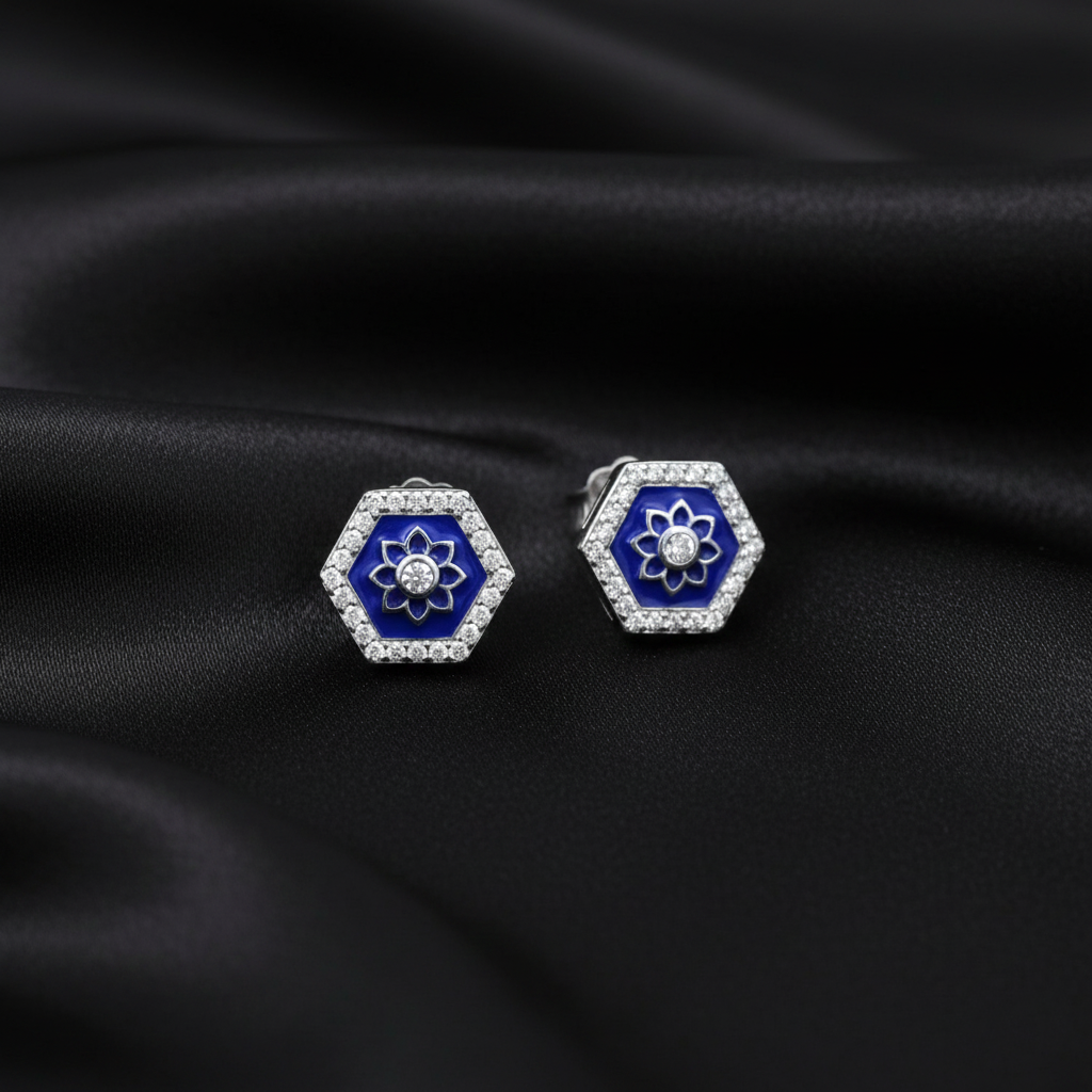 925 Sterling Silver Blue Enamel Octagonal Flower Stud Earrings with Crystal Accents | Gifts for Women & Girls & Girlfriend |Wedding and Christmas Gifts | BJER-02