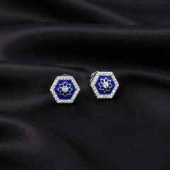 925 Sterling Silver Blue Enamel Octagonal Flower Stud Earrings with Crystal Accents | Gifts for Women & Girls & Girlfriend |Wedding and Christmas Gifts | BJER-02