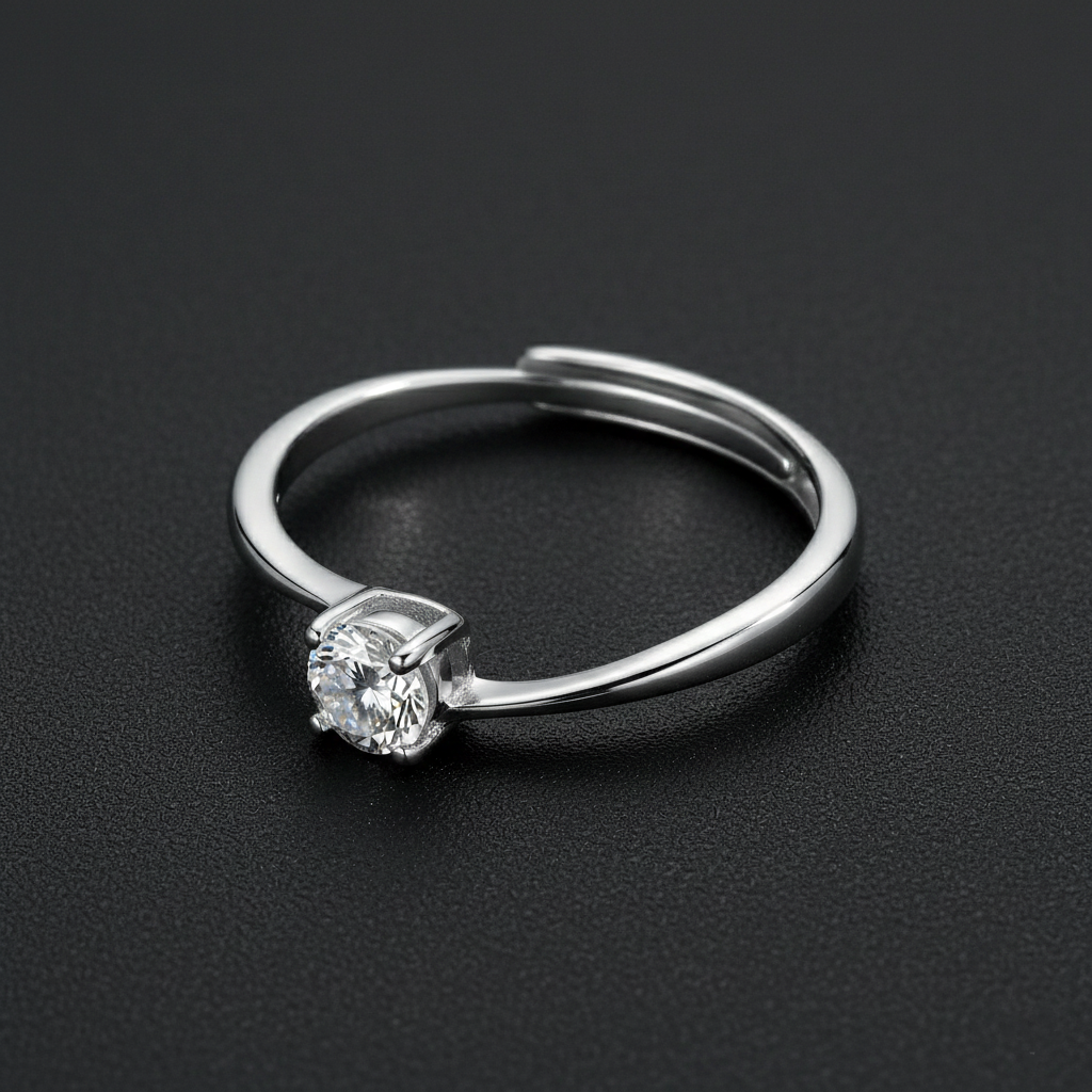 925 Sterling Silver Solitaire Engagement Ring with Round Cut CZ Diamond, Adjustable Minimalist Band | BJLR-0002