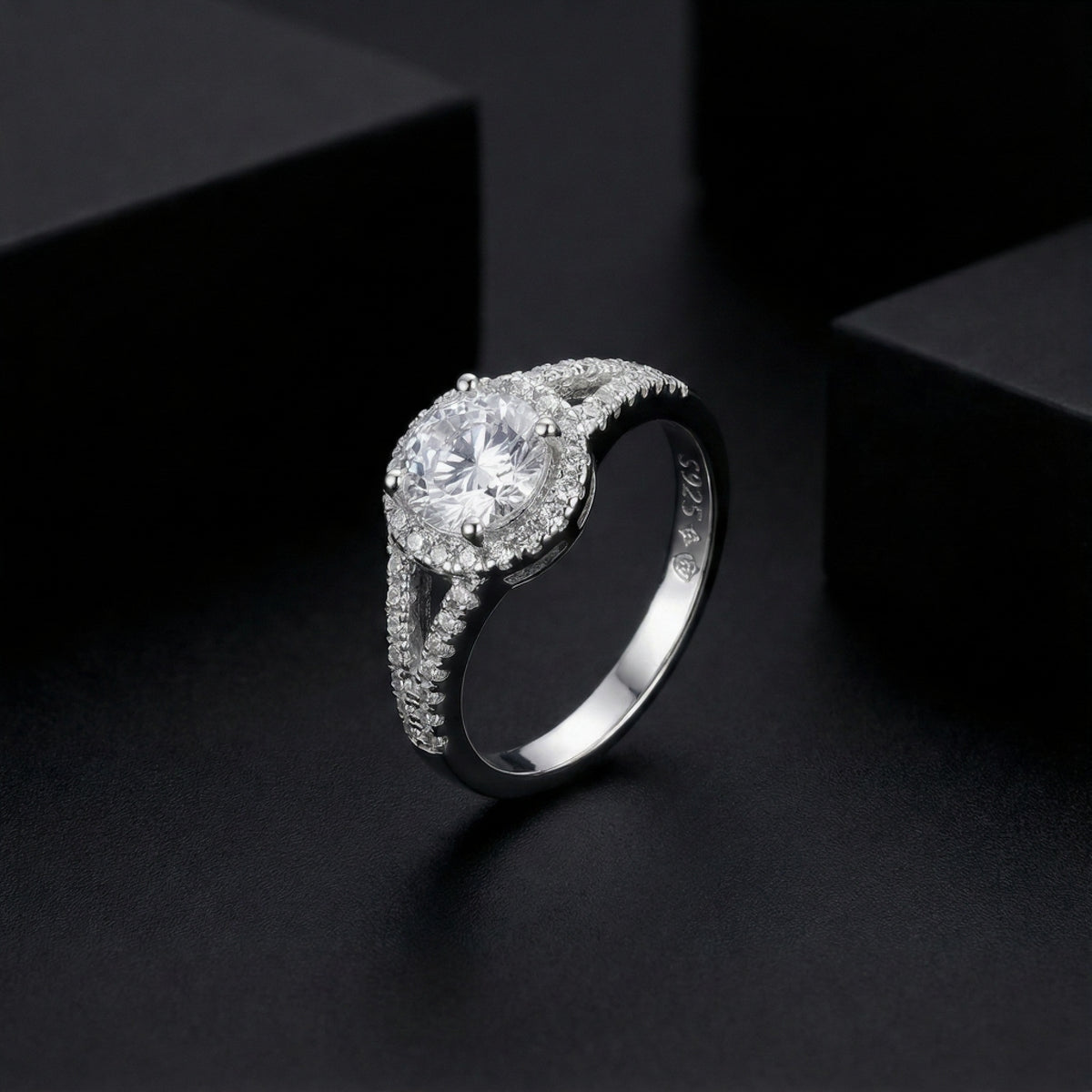 925 Sterling Silver Engagement Ring, Round Cut Cubic Zirconia, Halo Design with Pave Band | BJLR-0020