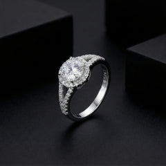 925 Sterling Silver Engagement Ring, Round Cut Cubic Zirconia, Halo Design with Pave Band | BJLR-0020