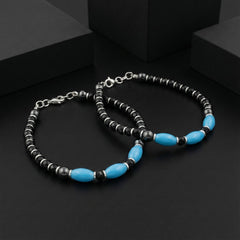 925 Starling Silver Handcrafted Beaded Kids Nazariya, Hematite Grey with Turquoise Blue Accents, Navy Crystal Spacers&nbsp | BJKDNJ-03