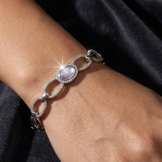 Shimmering Oval Mother of Pearl & Zircon Sterling Silver Link Bangle