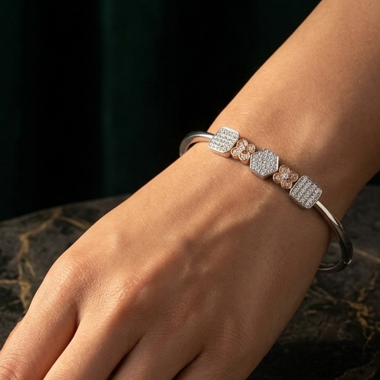 925 Sterling Silver Geometric Multi-Charm Bangle