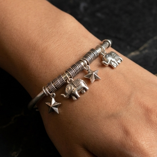 Handcrafted 925 Sterling Silver Elephant & Star Charm Bangle