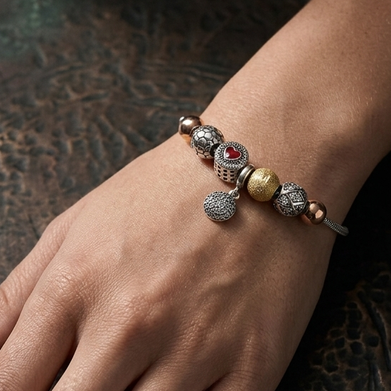 925 Sterling Silver Multi-Charm Snake Chain Bracelet | Handcrafted Mixed-Metal Aesthetic