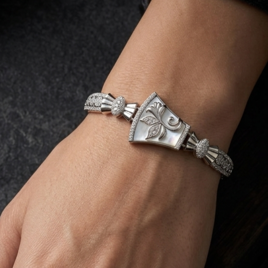 Art Deco Inspired 925 Sterling Silver Floral Mother of Pearl Bracelet