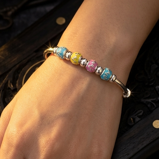 Silver Multi-Color Enamel Charm Bracelet 925 Sterling Silver