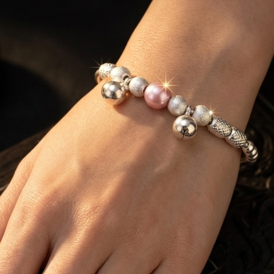 925 Sterling Silver Pink Pearl & Bell Charm Bracelet