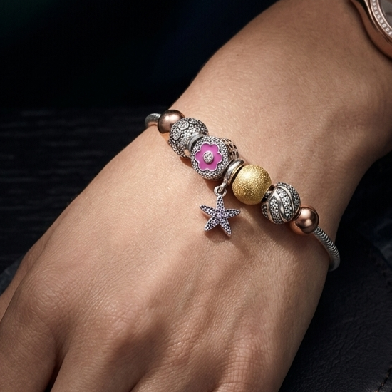 925 Sterling Silver Charm Bracelet with Starfish Pendant & Multi-Tone Decorative Beads