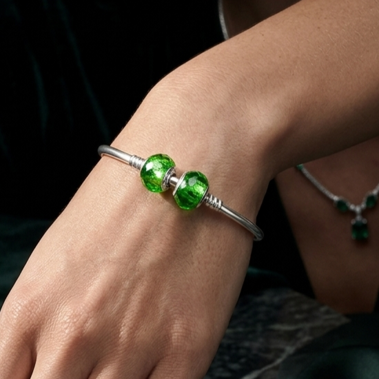 Handcrafted 925 Sterling Silver Bangle with Vibrant Emerald Green Glass Charms