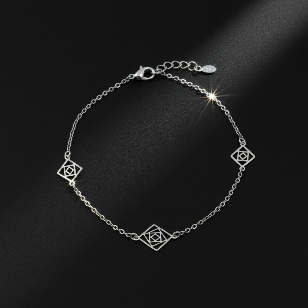 925 Sterling Silver Dainty Geometric Square Bracelet, Delicate Chain Design with Square Floral Charm, Adjustable Length| Gifts for Women & Girls & Girlfriend |Wedding and Christmas Gifts | BJBR-047