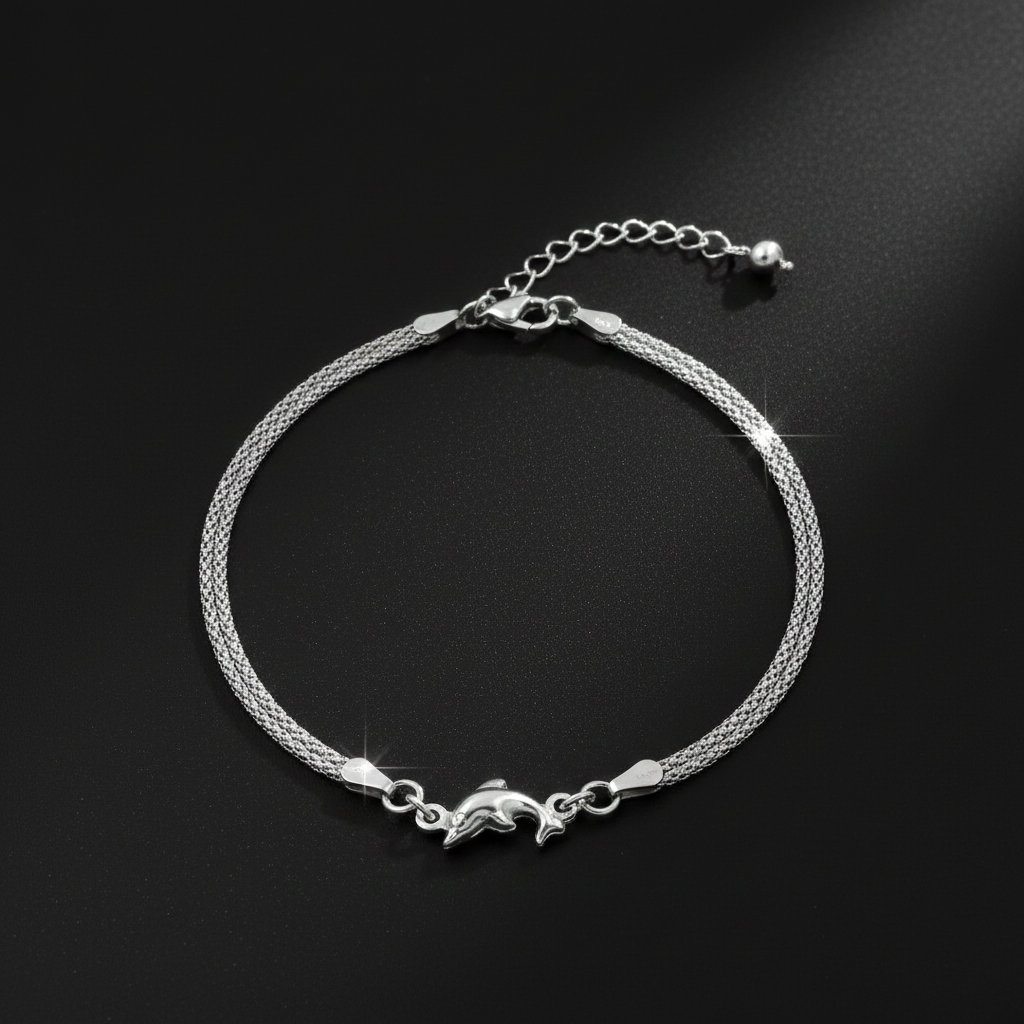 925 Sterling Silver Dolphin Bracelet, Double Chain Design, Adjustable Length, Elegant Ocean Theme Jewelry for Women | Gifts for Women & Girls & Girlfriend |Wedding and Christmas Gifts | BJBR-05