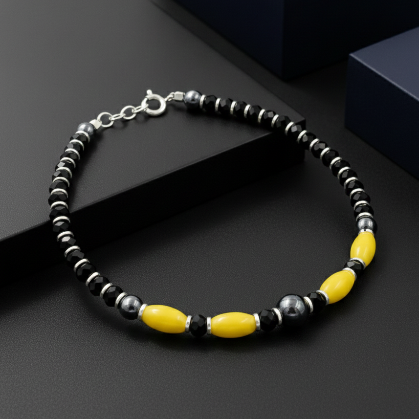 925 Starling Silver Beaded Bracelet with Yellow and Black Beads, Silver Clasp, Handcrafted Jewelry | BJBR-015
