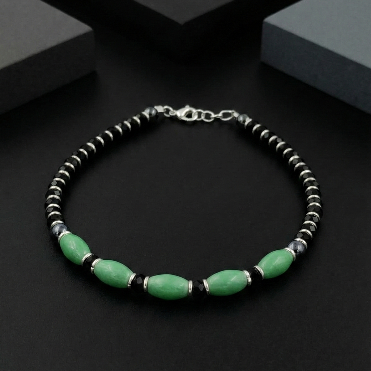925 Starling Silver Beaded Bracelet with Green Stone, Black and Silver, Spring Ring Clasp | BJBR-017