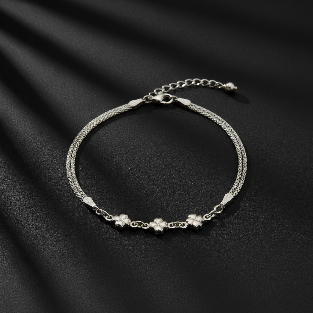 925 Sterling Silver Floral Bracelet, Mesh Chain Design with Flower Charms, Adjustable Length | Gifts for Women & Girls & Girlfriend |Wedding and Christmas Gifts | BJBR-07