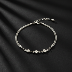 925 Sterling Silver Floral Bracelet, Mesh Chain Design with Flower Charms, Adjustable Length | Gifts for Women & Girls & Girlfriend |Wedding and Christmas Gifts | BJBR-07