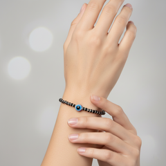 925 Starling Silver Black Beaded Bracelet with Blue Evil Eye Charm, Silver Spring Ring Clasp, Protection Jewelry | BJBR-024