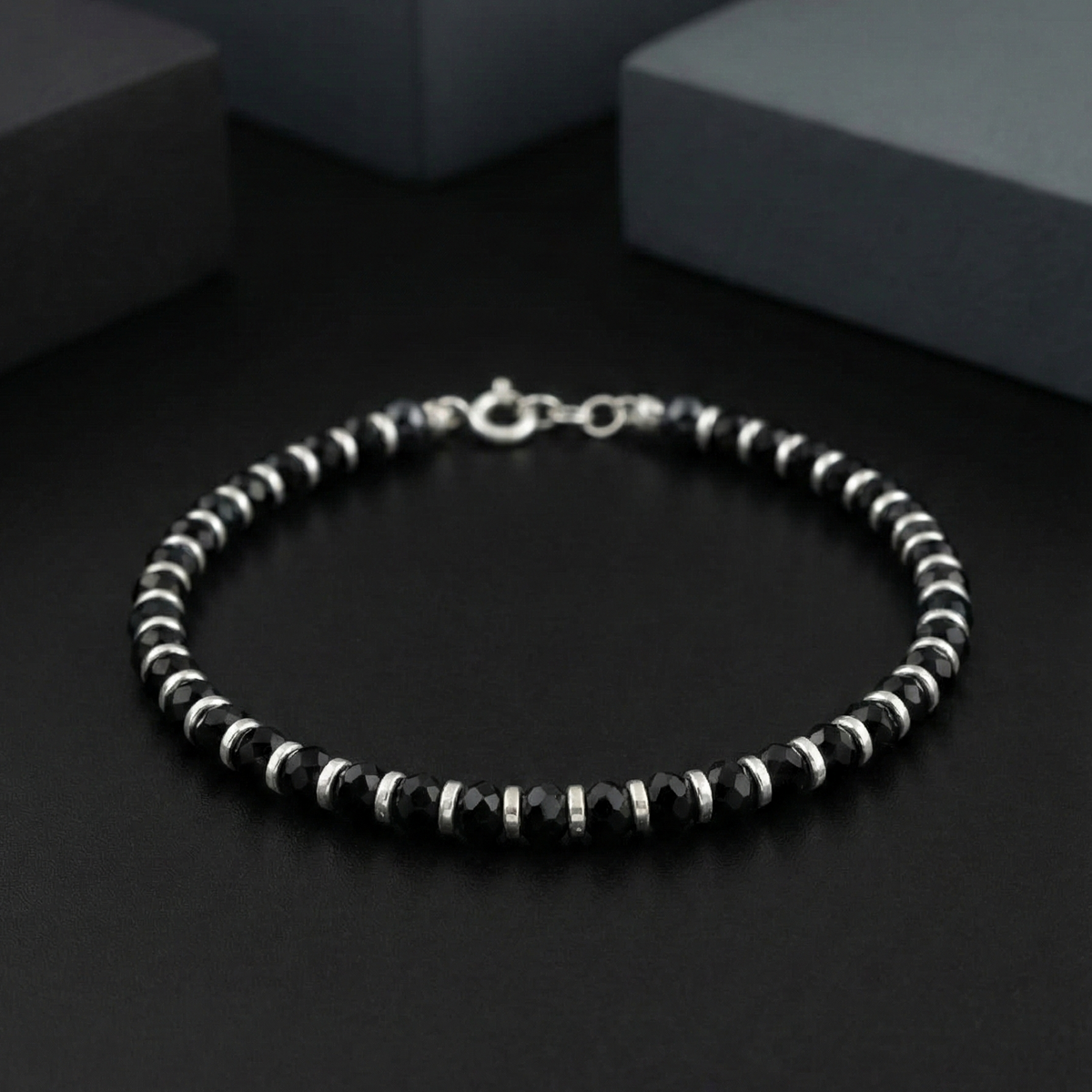 925 Starling Silver Black Onyx Beaded Bracelet with Silver Spacers, Faceted Gemstone, Sring Ring Clasp | BJBR-012