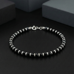 925 Starling Silver Black Onyx Beaded Bracelet with Silver Spacers, Faceted Gemstone, Sring Ring Clasp | BJBR-012