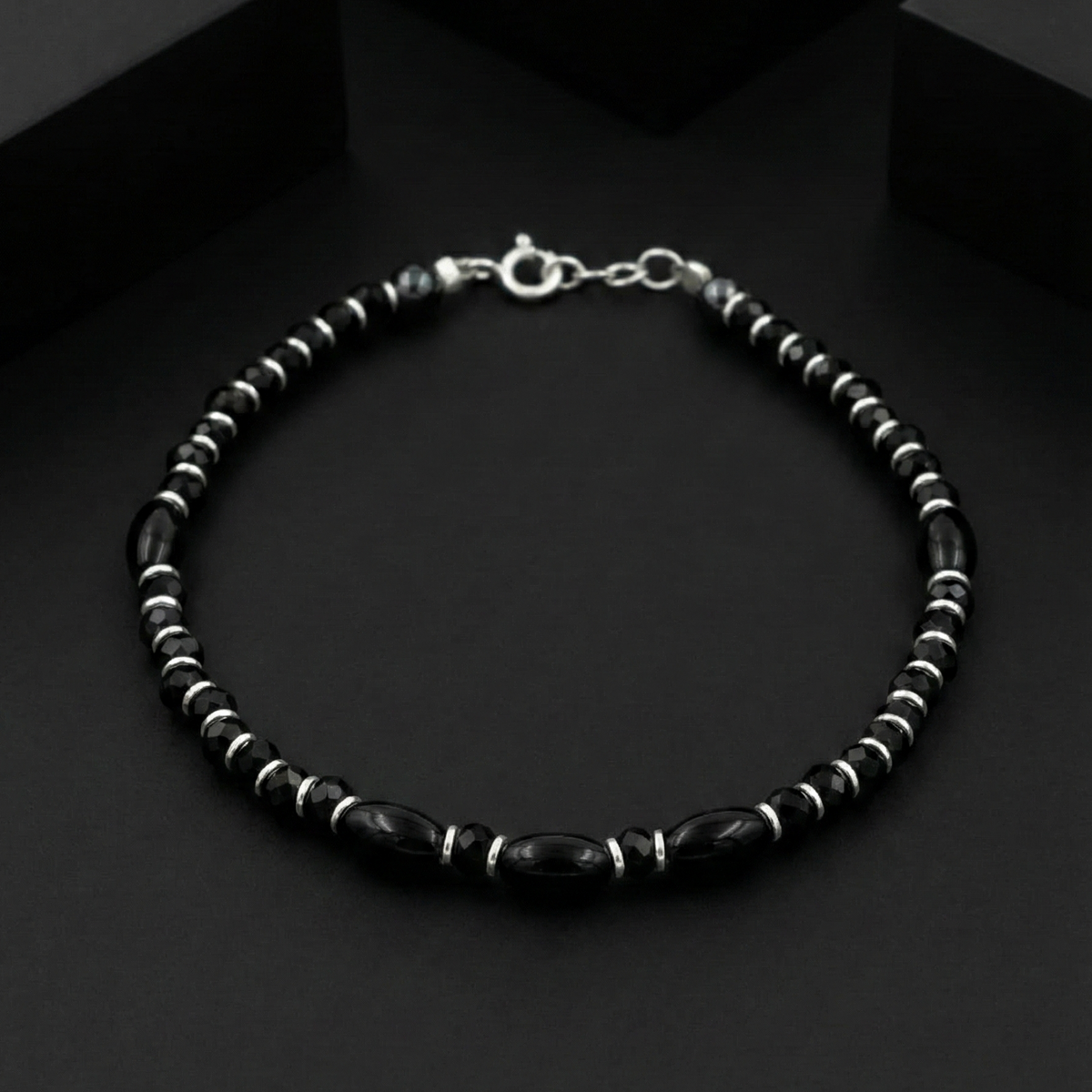 925 Starling Silver Black Onyx Beaded Bracelet with Silver Spacers, Spring Ring Clasp | BJBR-019