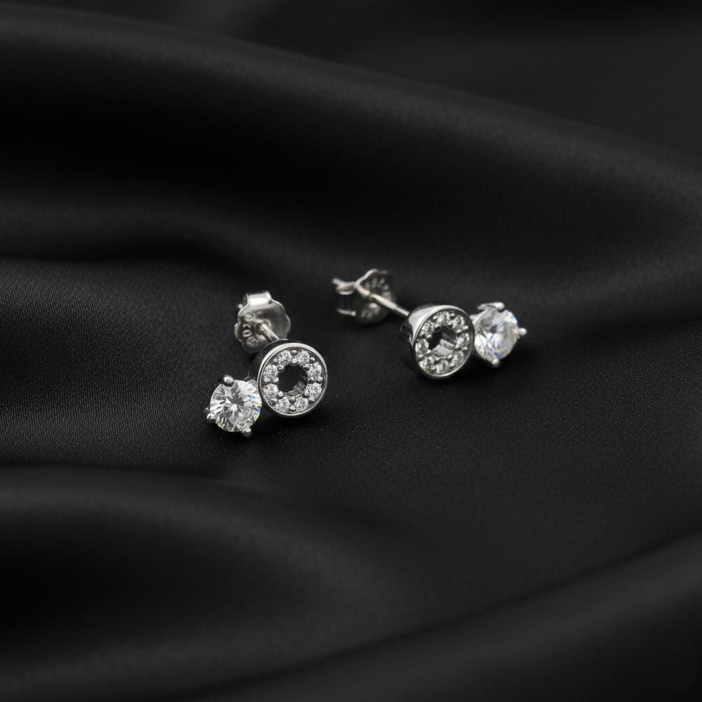 925 Sterling Silver Circle and Solitaire Crystal Stud Earrings, Elegant Women's Jewelry with Pave Setting | Gifts for Women & Girls & Girlfriend |Wedding and Christmas Gifts | BJER-022