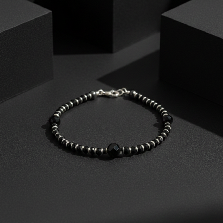 925 Starling Silver Beaded Bracelet, Black Faceted Beads with Silver Accents, Spring Ring Clasp | BJBR-020