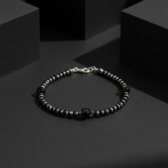 925 Starling Silver Beaded Bracelet, Black Faceted Beads with Silver Accents, Spring Ring Clasp | BJBR-020