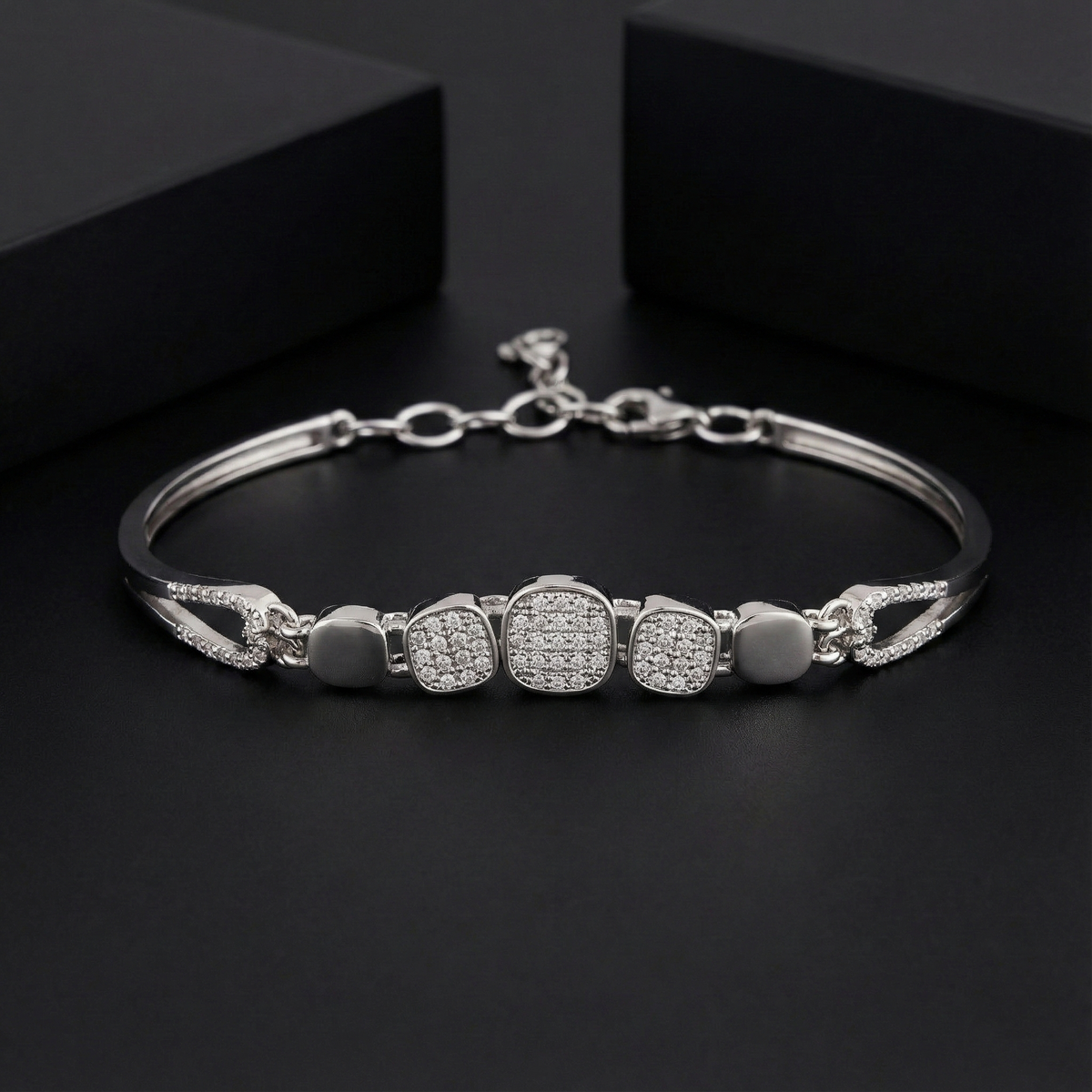 925 Starling Silver sleek bracelet featuring shimmering diamonds, highlighting its sophisticated design | BJBR-063
