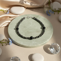 925 Starling Silver Beaded Bracelet, Black Faceted Beads with Silver Accents, Spring Ring Clasp | BJBR-020