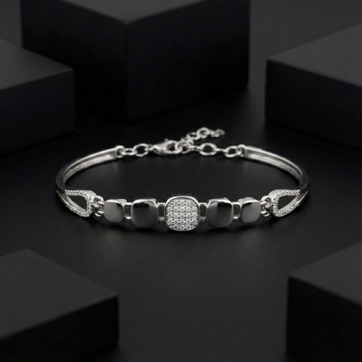 925 Starling Silver Women’s Geometric Square Link Bracelet | Adjustable Size Cubic Zirconia | BJBR-030