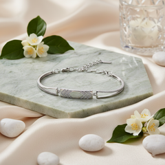 925 Starling Silver Modern Geometric Bar Bracelet with Pave Crystal Accents – Adjustable Silver Finish | BJBR-027