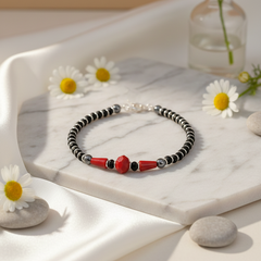 925 Starling Silver Beaded Bracelet with Black Onyx And Red Coral, Silver Spacers, Spring RIng Clasp | BJBR-010