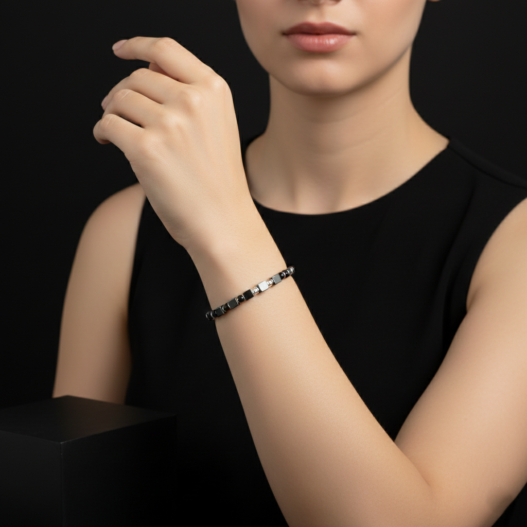 Black Hematite Beaded Bracelet with Silver Cube Accents, Spring Ring Clasp, Unisex Jewelry