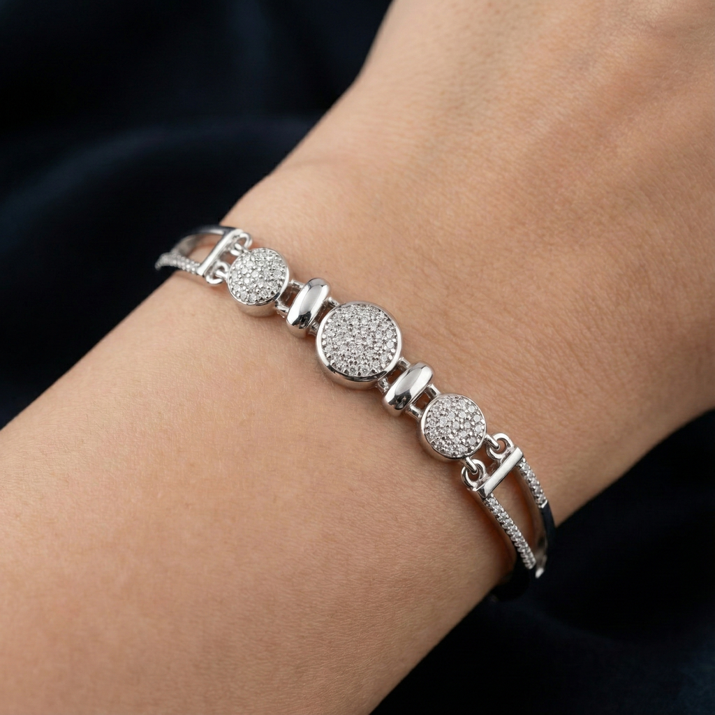 925 Sterling Silver Geometric Link Bracelet with Pave Cubic