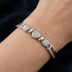925 Sterling Silver Geometric Link Bracelet with Pave Cubic Zirconia & Polished Accents - Adjustable Fit | BJBR-073