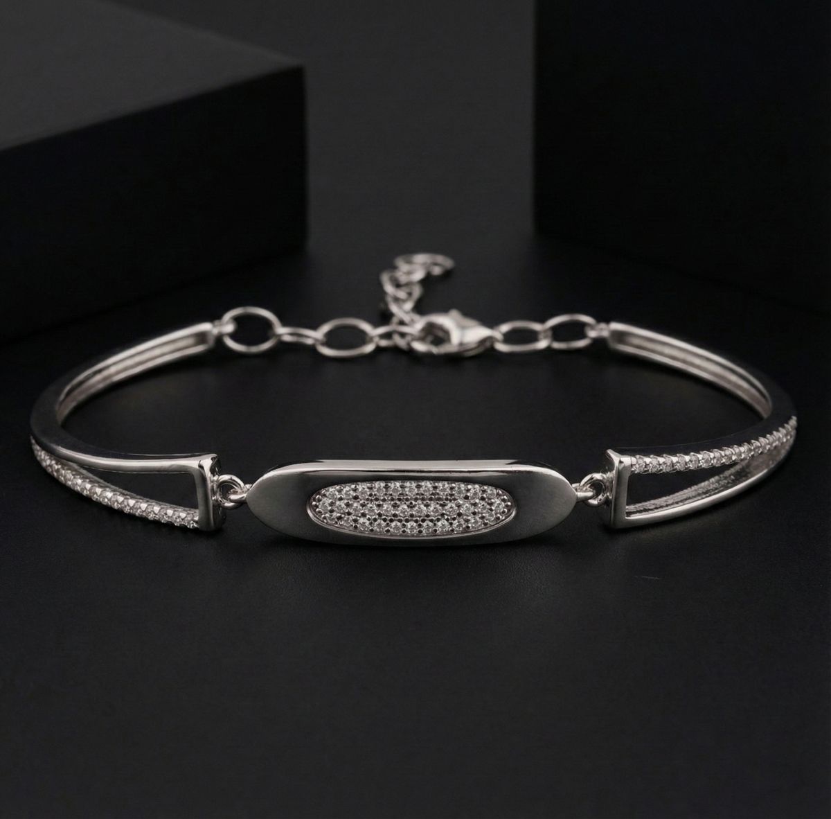 925 Sterling Silver Oval CZ Panel Bracelet | Elegant Everyday Wear | BJBR-061