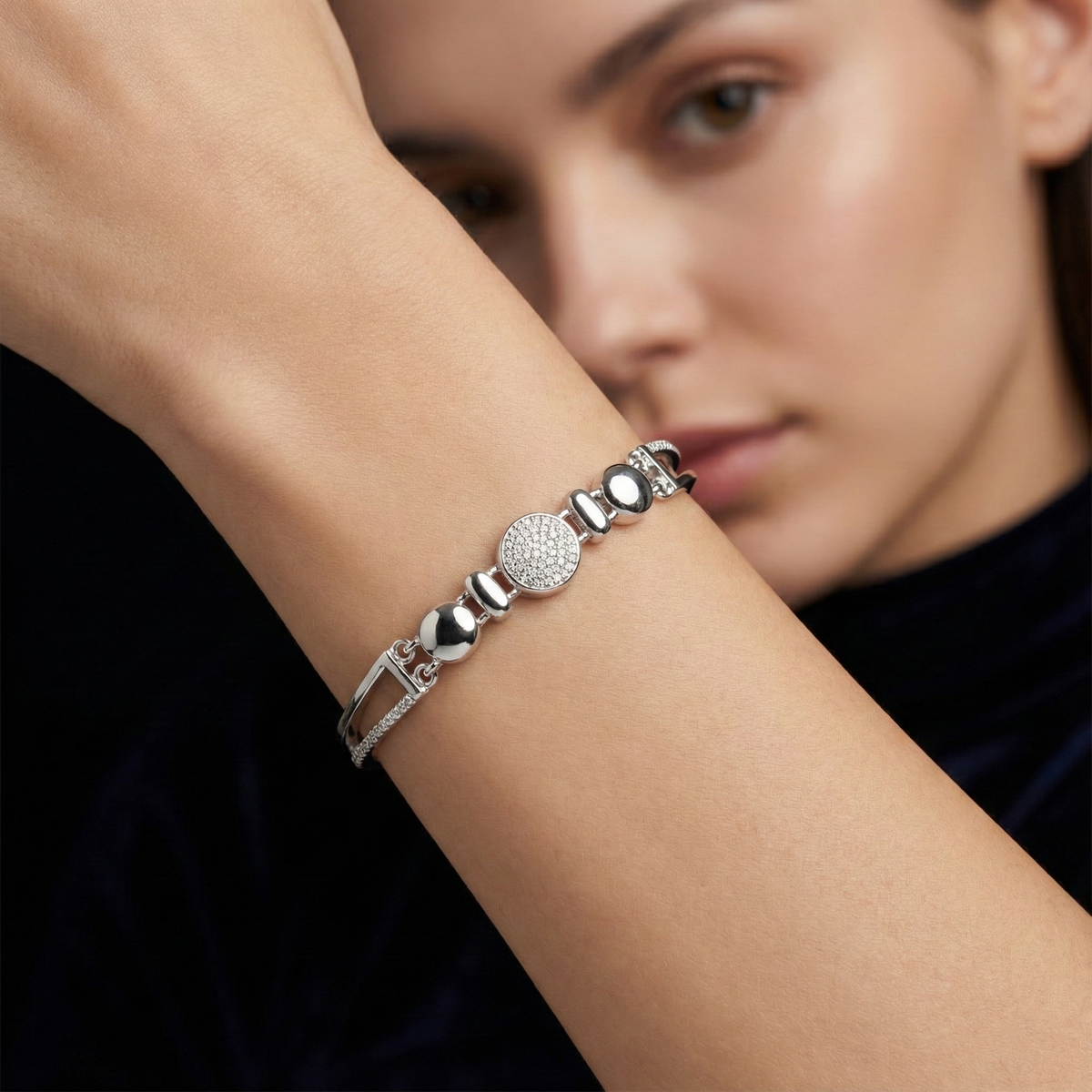 925 Sterling Silver Round CZ Accent Bracelet – Sleek Contemporary Design | BJBR-065