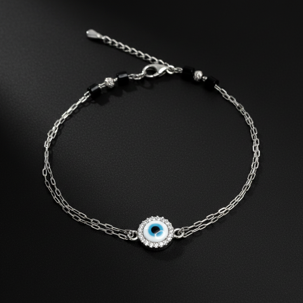 925 Sterling Silver Evil Eye Bracelate, Crystal Rhinestone Pendant Chain, Blue Glass Eye, Black Beaded Accent | Gifts for Women & Girls & Girlfriend |Wedding and Christmas Gifts | BJBR-048