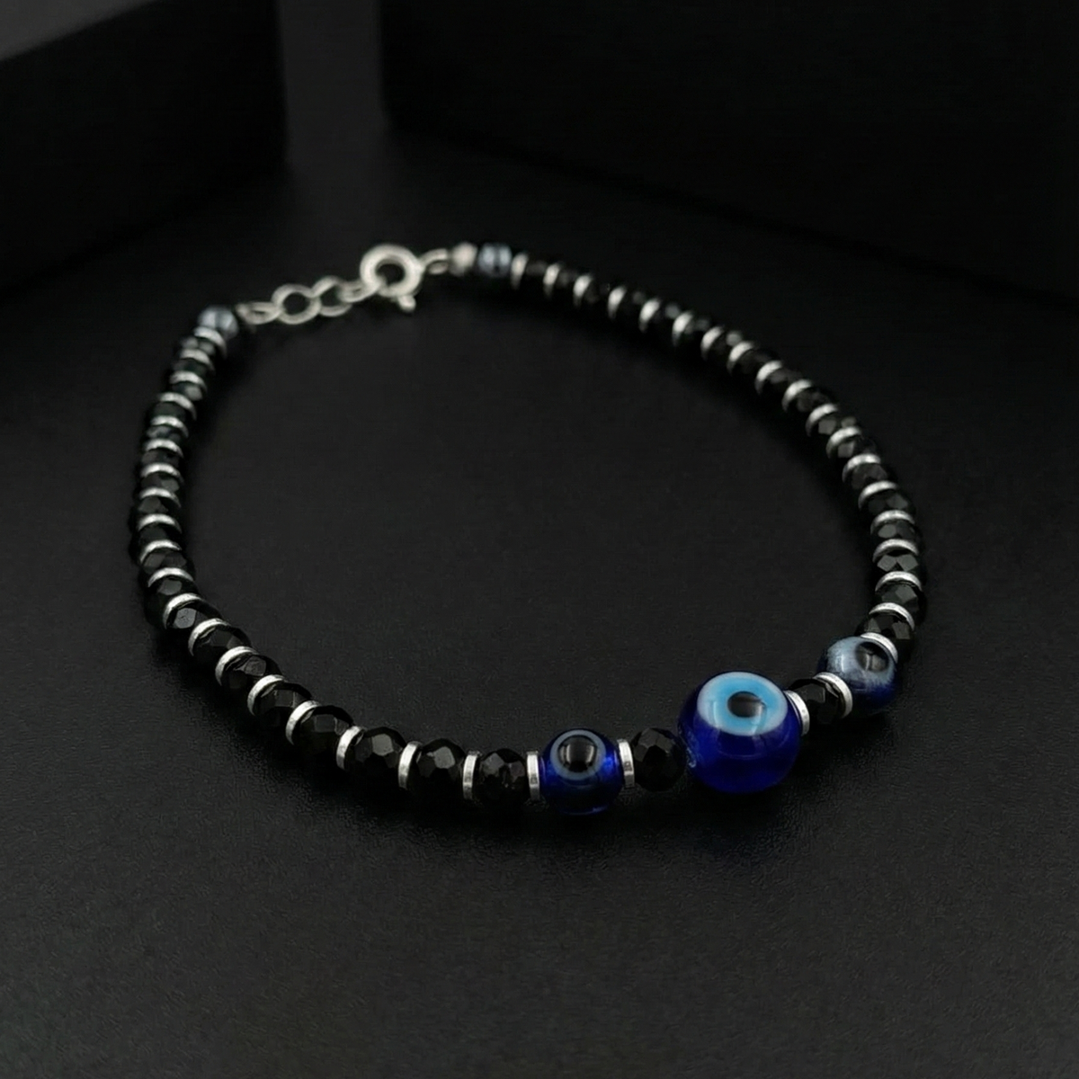 925 Starling Silver Black Onyx Beaded Bracelet with Blue Evil Eye, Silver Spring Ring Clasp, Hematite Accents | BJBR-021
