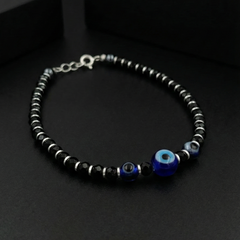 925 Starling Silver Black Onyx Beaded Bracelet with Blue Evil Eye, Silver Spring Ring Clasp, Hematite Accents | BJBR-021
