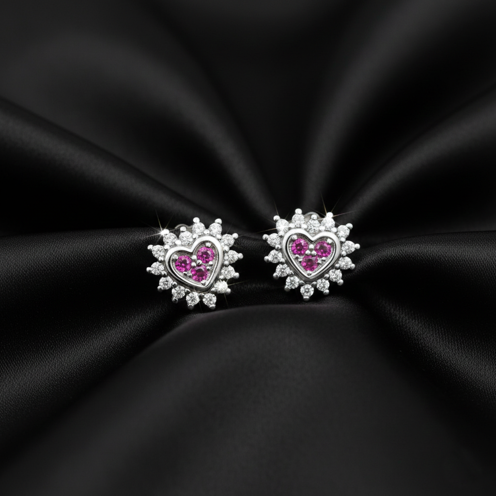 925 Sterling Silver Heart Stud Earrings with Pink Crystal and Clear CZ Stones, Romantic Design | Gifts for Women & Girls & Girlfriend |Wedding and Christmas Gifts | BJER-03