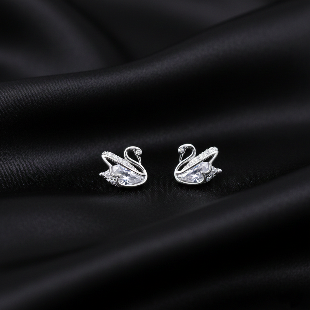 925 Sterling Silver Swan Stud Earrings, Cubic Zirconia Crystal Accent, Small Elegant Design for Women | Gifts for Women & Girls & Girlfriend |Wedding and Christmas Gifts | BJER-04