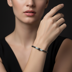 925 Starling Silver Beaded Bracelet, Black and Silver with Blue Accents, Hematite Beads, Spring Ring Clasp | BJBR-022