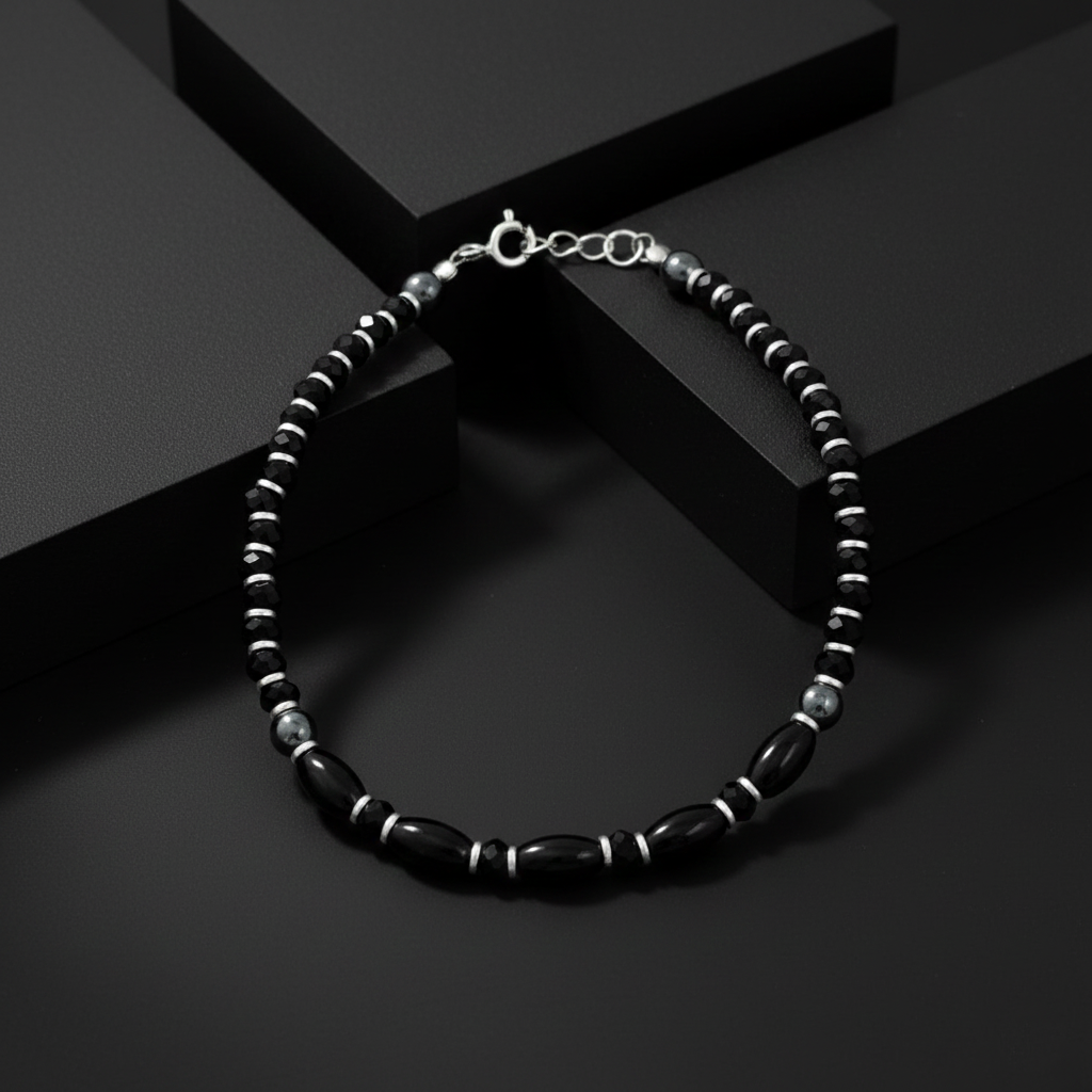 925 Starling Silver Black Beaded Bracelet, Spring Ring Clasp, Geometric Design&nbsp | BJBR-025