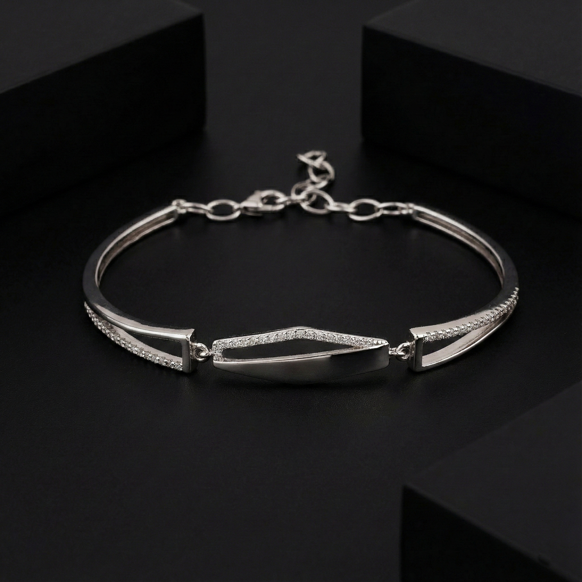 925 Sterling Silver V-Shape CZ Bar Bracelet | Modern Minimalist Elegance | BJBR-057